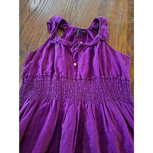 Med Nine West Purple Linen Sleeveless Tank Strap Ruffle Shirred Summer Sundress - Picture 2 of 3